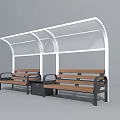 Wooden Outdoor Chairs With Black Armrests At Bus Stop Shelter With White Canopy