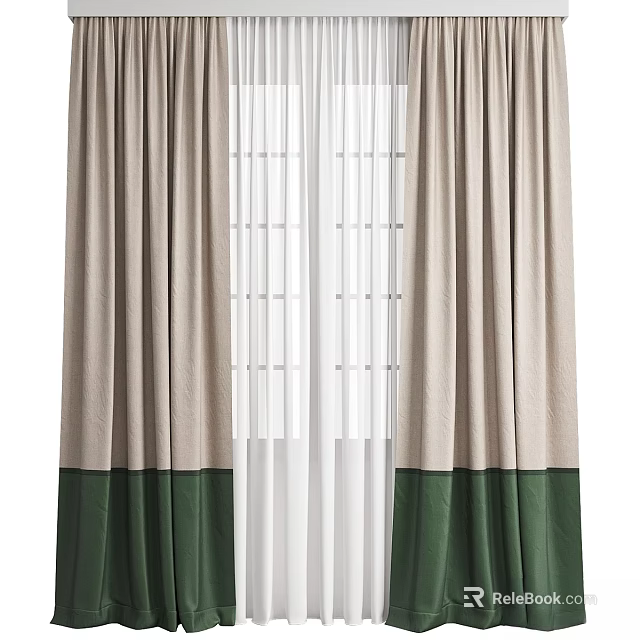 Beige and Green Two Tone Window Curtains With White Sheer Layers 3d model 
