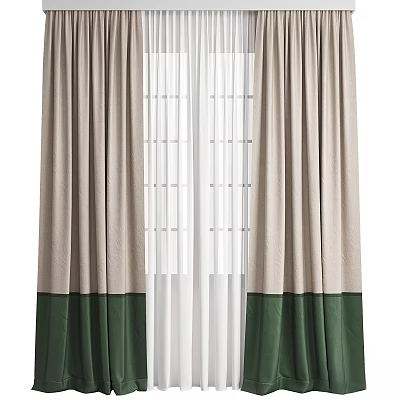 Beige and Green Two Tone Window Curtains With White Sheer Layers 3d model