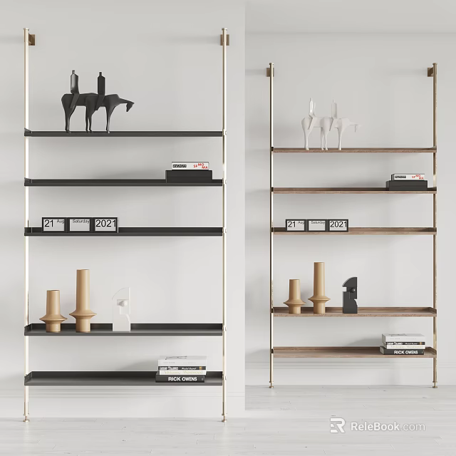 Modern Stylish Shelving Units With Metal Frame Wooden Shelves Displaying Decorative Sculptures Books And Vases 3d model 