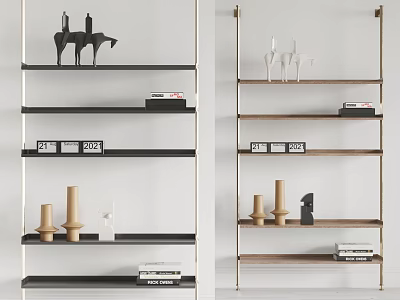 Modern Stylish Shelving Units With Metal Frame Wooden Shelves Displaying Decorative Sculptures Books And Vases 3d model