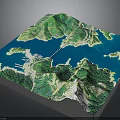 Detailed 3D Terrain Model With Green Mountainous Areas And Blue Water Bodies