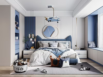 Cozy Blue Kids Room Interior With Airplane Model Round Mirror Bed Pillows Rug And Storage 3d model