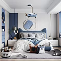Cozy Blue Kids Room Interior With Airplane Model Round Mirror Bed Pillows Rug And Storage