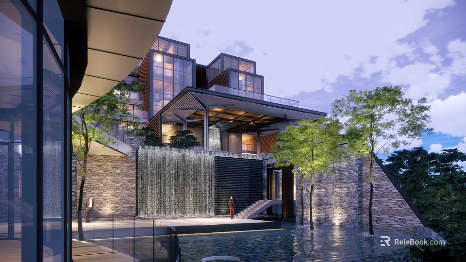 Modern Building Exterior With Waterfall Pool Stone Walls And Trees At Dusk 3d model 