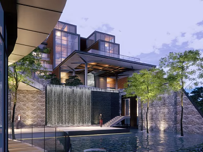 Modern Building Exterior With Waterfall Pool Stone Walls And Trees At Dusk 3d model