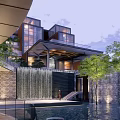 Modern Building Exterior With Waterfall Pool Stone Walls And Trees At Dusk