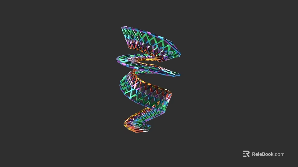 Colorful Spiral Sculpture with Geometric Lattice Design on Black Background 3d model 