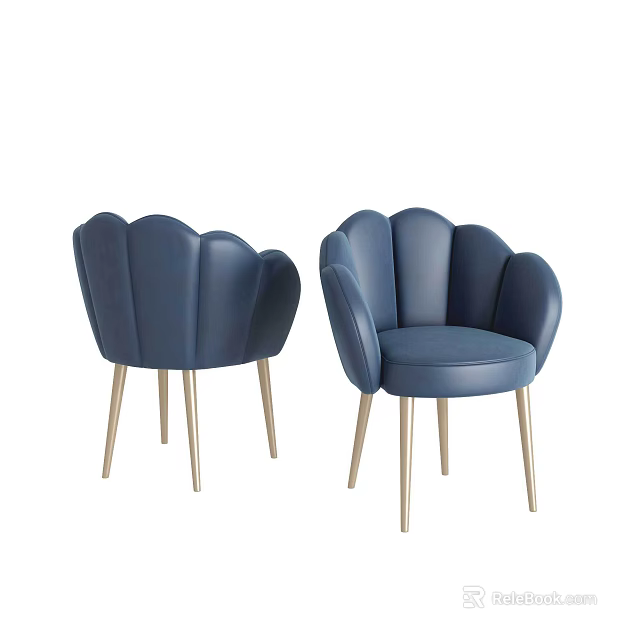 Blue Leather Single Sofa With Petal Shaped Back And Gold Legs 3d model