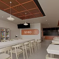 Modern Restaurant Interior With Red Food Posters Open Space Tables And Chairs