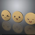 Yellow Round Cookies With Winking Smiling Laughing Faces And Shiny Reflection On Dark Background