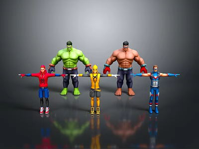 Game Movie Character Action Figures Standing With Arms Extended Green Hulk Red Hoodie Yellow Blue 3d model
