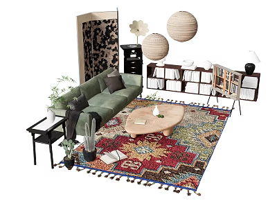 Casual Sofa Set With Green Upholstery Wooden Coffee Table Patterned Rug Lantern Lights And Plants 3d model