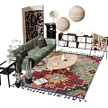 Casual Sofa Set With Green Upholstery Wooden Coffee Table Patterned Rug Lantern Lights And Plants