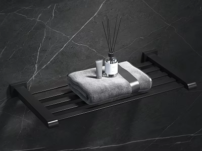 Black Bathroom Accessories Towel Rack With Gray Towel Aromatherapy And Candle On Marble Wall 3d model