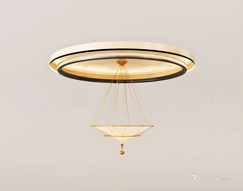 Modern Gold Chandelier with Circular Ceiling Base and Elegant Geometric Hanging Frame 3d model