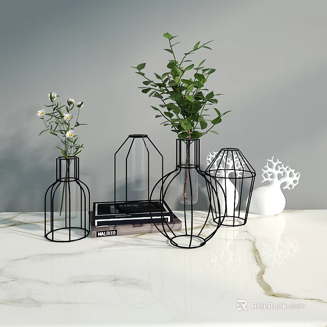 Geometric Wireframe Vases With Green Plants And White Flowers On White Marble Tabletop 3d model 