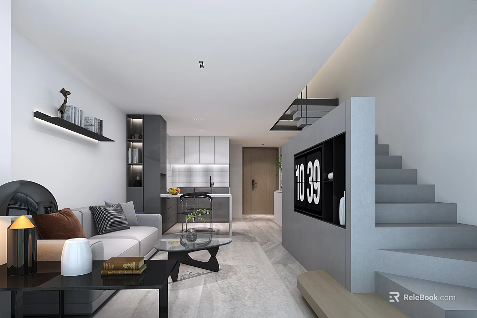 Modern Apartment Interior Design With Open Kitchen Living Room And Staircase TV Wall 3d model 