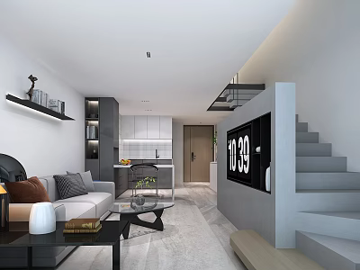 Modern Apartment Interior Design With Open Kitchen Living Room And Staircase TV Wall 3d model