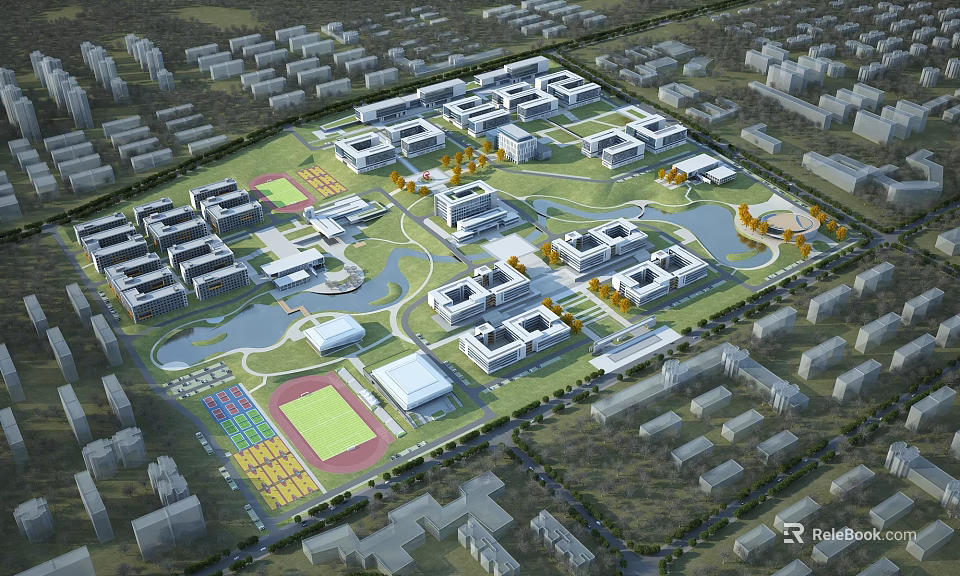 Aerial View Of School Campus With Buildings Sports Fields And Lakes 3d model 