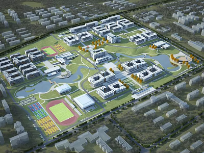 Aerial View Of School Campus With Buildings Sports Fields And Lakes 3d model
