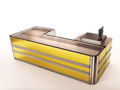 Modern Yellow Office Desk With Metal Frame Monitor And Drawers 3d model