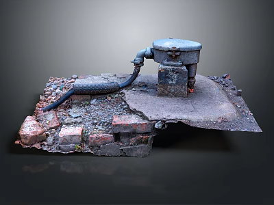 Damaged Concrete Slab With Bricks Gravel Metal Cover And Exposed Pipe 3d model