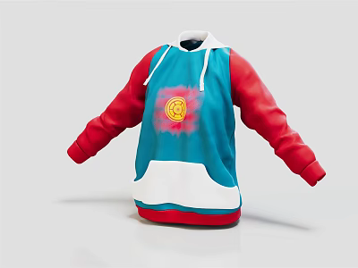 Stylish Blue Hoodie With Red Sleeves Sun Graphic And White Bottom 3d model