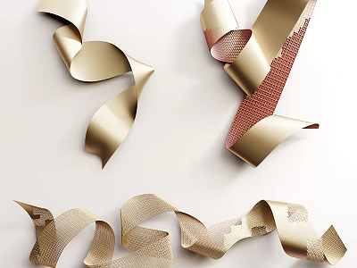 Golden Ribbon Wall Decor with Curled Shapes and Mesh Texture 3d model