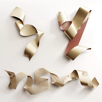Golden Ribbon Wall Decor with Curled Shapes and Mesh Texture 3d model