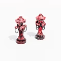 Two red fire hydrants with metal chains serving as outdoor public safety equipment