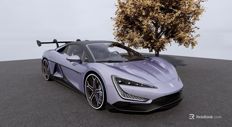 Purple Sports Car With Rear Spoiler Parked By Golden Leaf Tree 3d model 