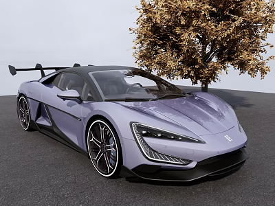 Purple Sports Car With Rear Spoiler Parked By Golden Leaf Tree 3d model