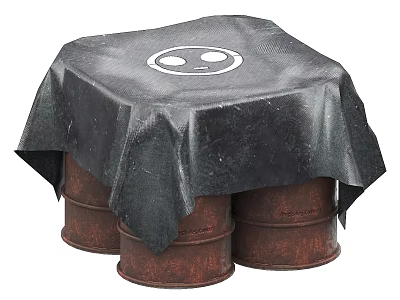 Industrial Equipment Covered with Black Tarp Supported by Rusty Barrels Featuring White Logo 3d model