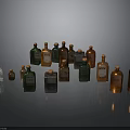 Various Sizes Colorful Glass Bottles with Cork Stoppers for Food Storage on Dark Reflective Background