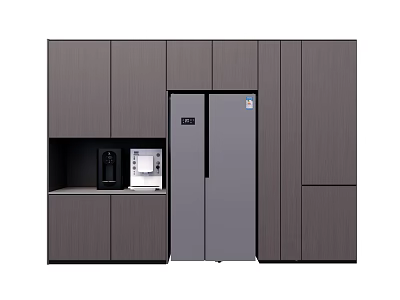 Gray Modern Kitchen Cabinets With Built In Coffee Machine And Double Door Refrigerator 3d model