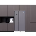 Gray Modern Kitchen Cabinets With Built In Coffee Machine And Double Door Refrigerator 3d model