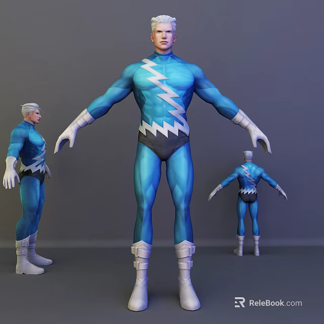 Game Movie Character In Blue Bodysuit With White Lightning Symbol And Silver Hair 3d model 