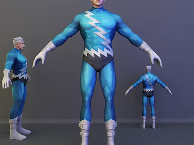 Game Movie Character In Blue Bodysuit With White Lightning Symbol And Silver Hair 3d model
