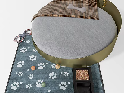 Comfortable Pet Bed With Bone Decoration On Paw Print Rug And Food Bowl 3d model