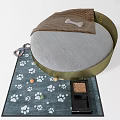 Comfortable Pet Bed With Bone Decoration On Paw Print Rug And Food Bowl