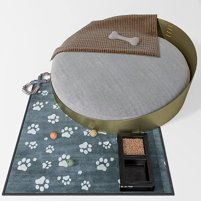 Comfortable Pet Bed With Bone Decoration On Paw Print Rug And Food Bowl 3d model