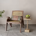 Accent Chair with Woven Rattan Backrest Wooden Frame Side Table Green Fruits and Green Plant