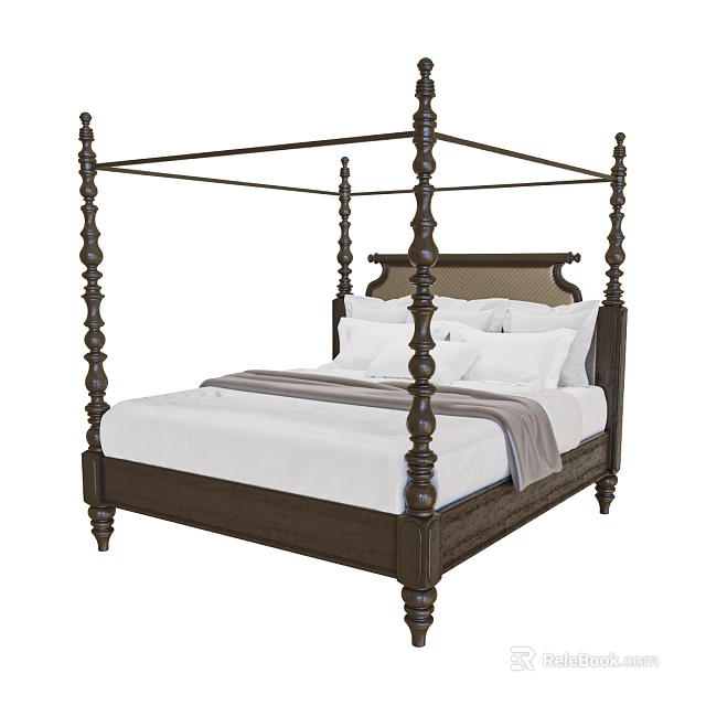 Four Poster Double Bed With Dark Wood Frame White Sheets Striped Blanket And Pillows 3d model 