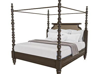 Four Poster Double Bed With Dark Wood Frame White Sheets Striped Blanket And Pillows 3d model