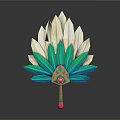 Colorful Feather Fan Design With Green White Feathers Red Handle And Central Gem
