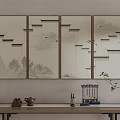 Traditional Chinese Decor With Landscape Screen Flying Birds And Tea Set