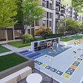 Outdoor Children's Play Area With Colorful Ground Design Trees Pathways And Buildings