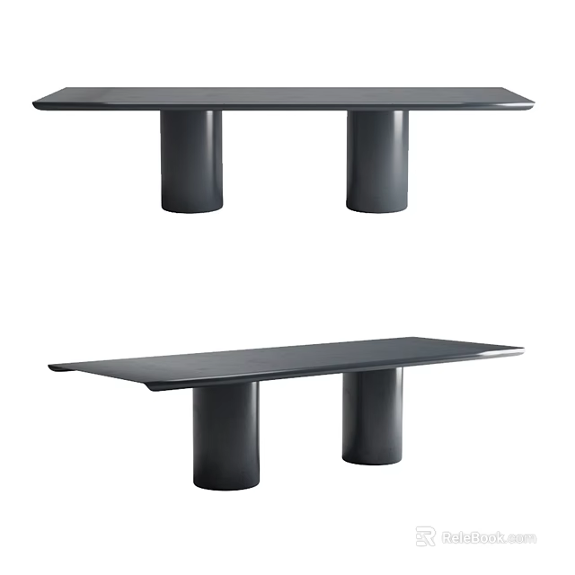 Modern Black Dining Table With Rectangular Top And Cylindrical Column Legs 3d model