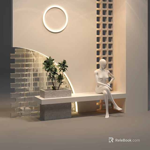 Stylish Window Display With Seated Mannequin Bench Potted Plant Arched Brick Wall And Circular Light 3d model 